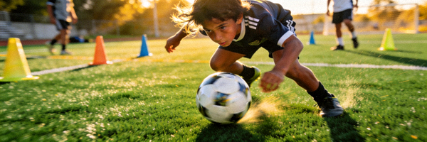 年轻足球天才在青训营中练习盘带过人的特写镜头